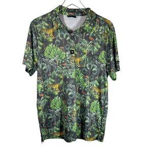 BAD BIRDIE Men's Medium Green Tropical Jungle Print Short Sleeve Golf Polo Shirt